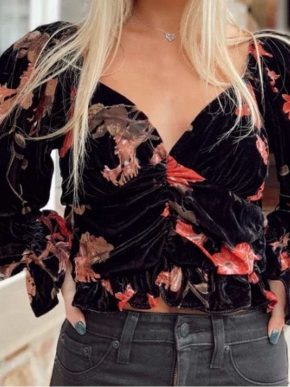 By Together Chocolate Brown Velvet Floral Ruched Baby Doll Blouse Sm